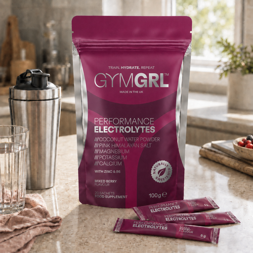 GYMGRL performance electrolytes, containing coconut water, pink Himalayan salt, magnesium, potassium, calcium, zinc and vitamin B6. No sugar. 20 individual sachets for easy use. Naturally sweetened. Vegan friendly.