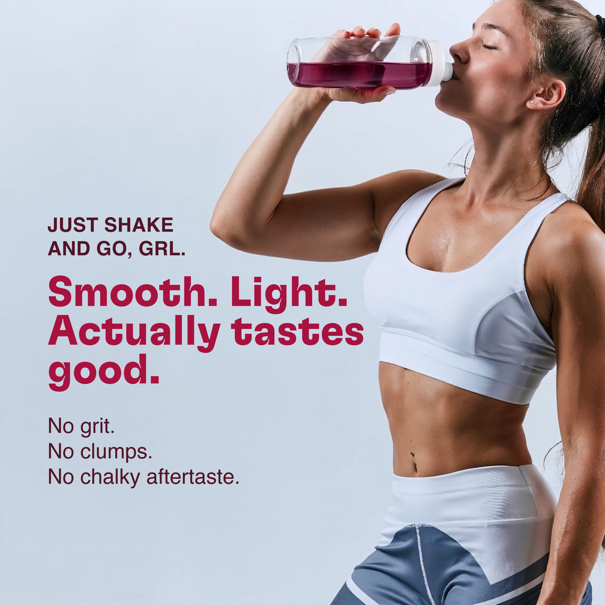 Woman in athletic wear drinking GYMGRL Sculpt & Glow creatine, collagen, BCAAs with promotional text on a light purple background. "Smooth. Light. Actually tastes good. No grit. No clumps. No chalky aftertaste."