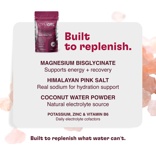 GYMGRL Performance Electrolytes supplement - contains Magnesium bisglycinate, Himalayan pink salt, coconut water powder, Potassium, zinc and vitamin B6. Everything your body needs all in one sachet. Built to replenish what water can't.
