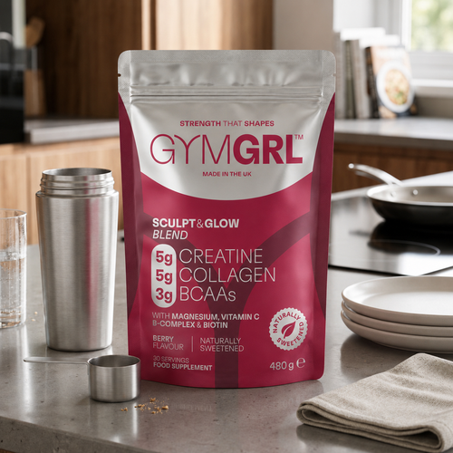GYMGRL Sculpt & Glow supplement for women. 5g creatine, 5g collagen, 3g BCAAs, Naturally sweetened also with Magnesium, Biotin, Zinc, Vitamin C and Vitamin B-Complex. 30 Servings. Made in the UK