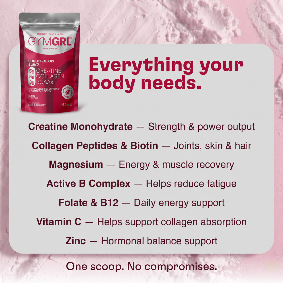GYMGRL Sculpt & Glow supplement - contains creatine monohydrate, collagen peptides and Biotin, Magnesium, Active B Complex, Folate and B12, Vitamin C, Zinc. Everything your body needs all in one scoop.